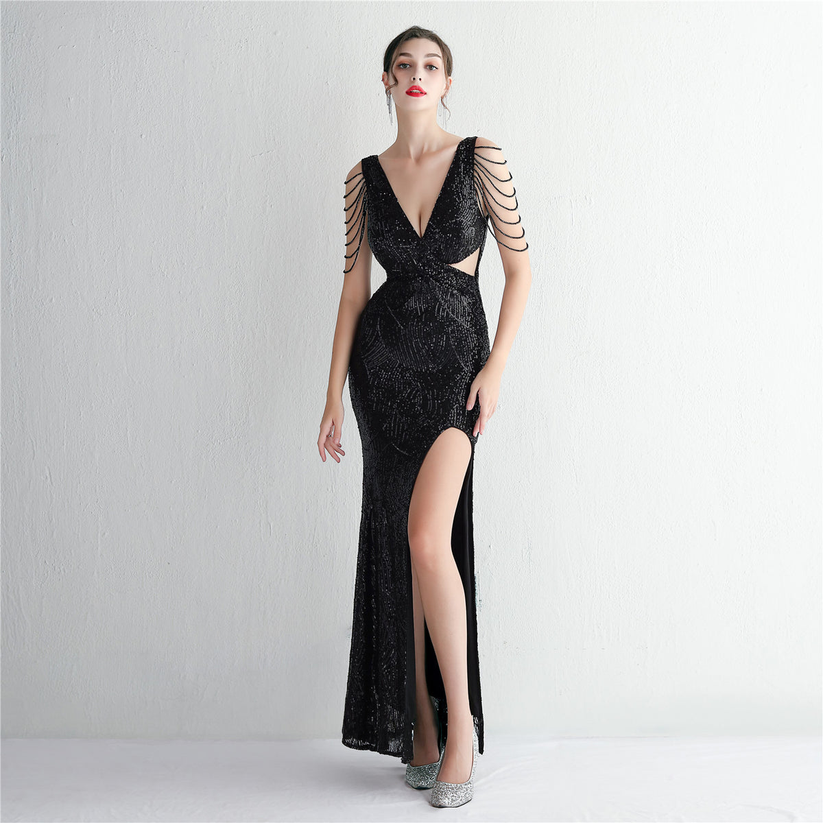 Sequin Deep V-Neck Beaded Chain Sleeve Twist Front High Split Evening Gown 3