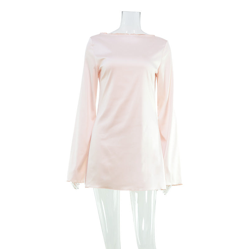 Satin Crew Neck Long Sleeve Bias Cut Shift Mini Dress 5