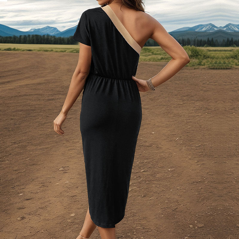 One Shoulder Contrast Trim Short Sleeve Elastic Waist Wrap Hem Midi Dress 4