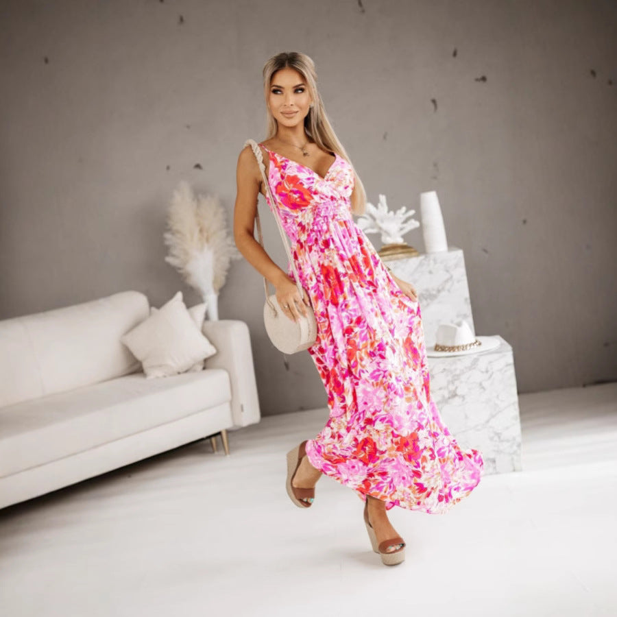 Floral Print Wrap V-Neck Sleeveless Smocked Waist Maxi Dress