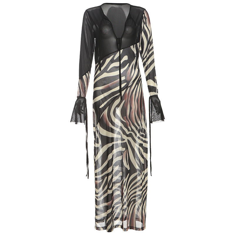 Zebra Print Sheer Mesh V-Neck Tie Front Flare Sleeve Maxi Dress 5