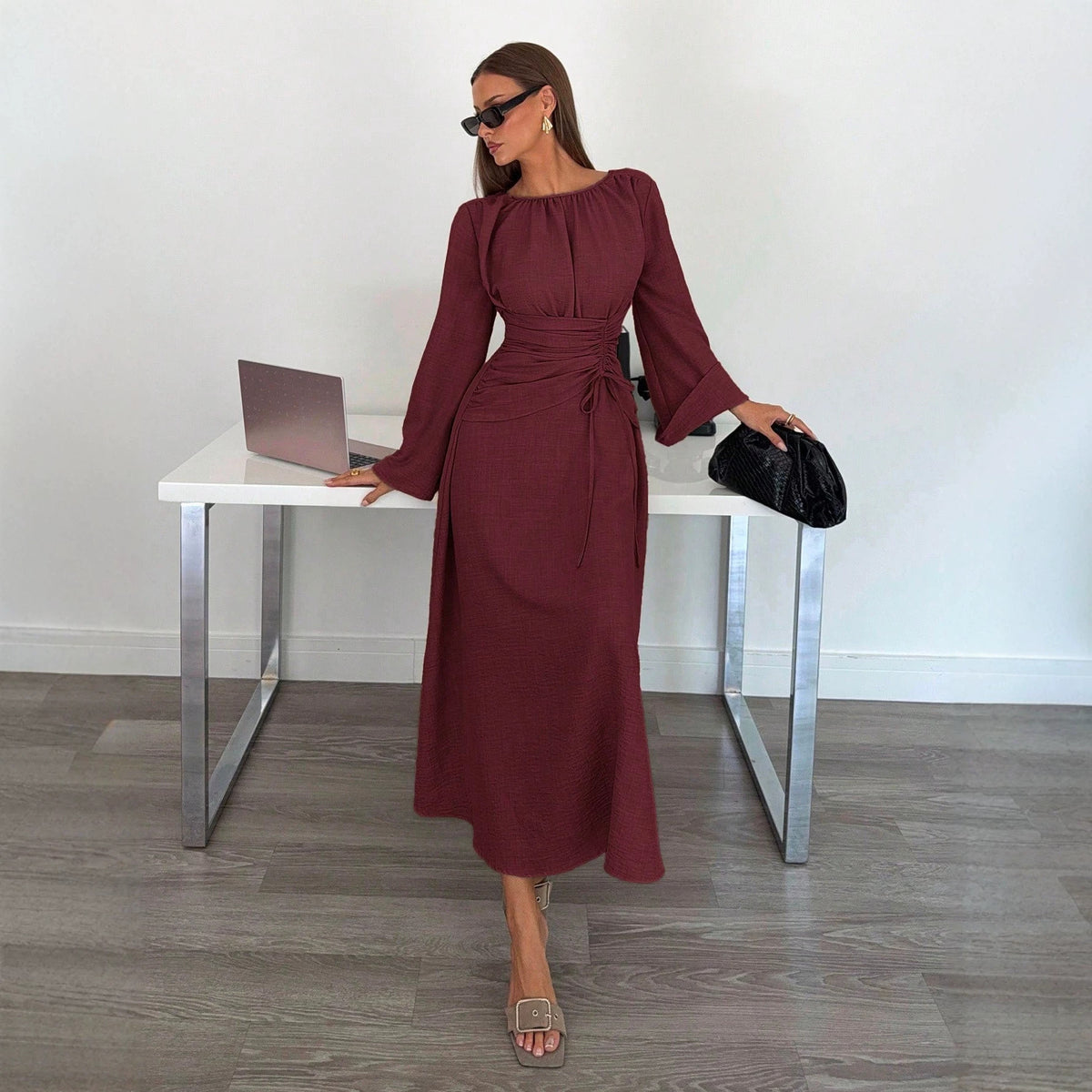 Elegant Solid Color Long Sleeve French Tied round Neck Waist Trimming Maxi Dress