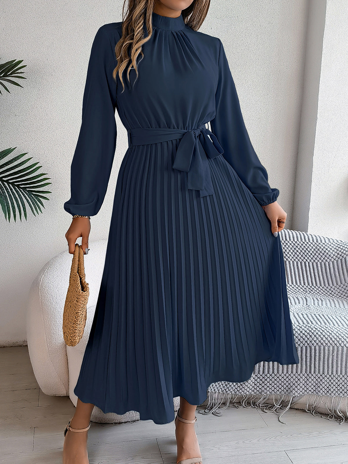 Mock Neck Long Sleeve Tie Waist Pleated A-Line Midi Dress 11