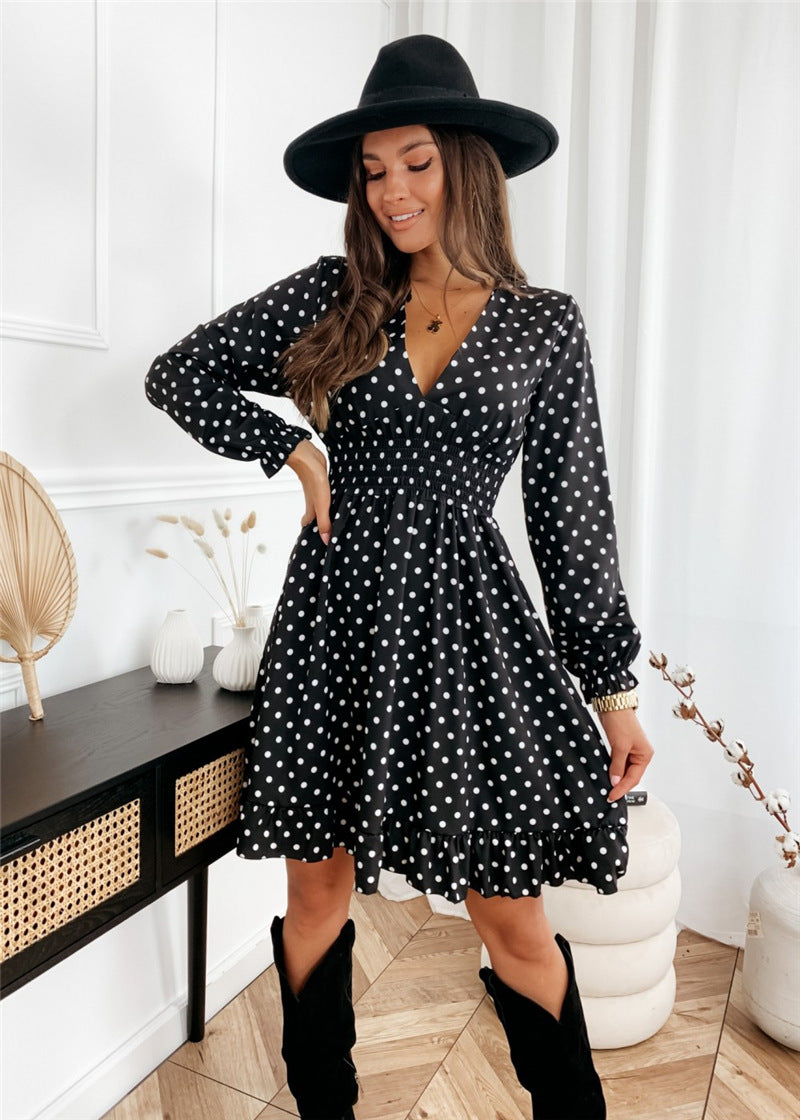 Polka Dot Deep V-Neck Long Sleeve Smocked Waist Flare Mini Dress