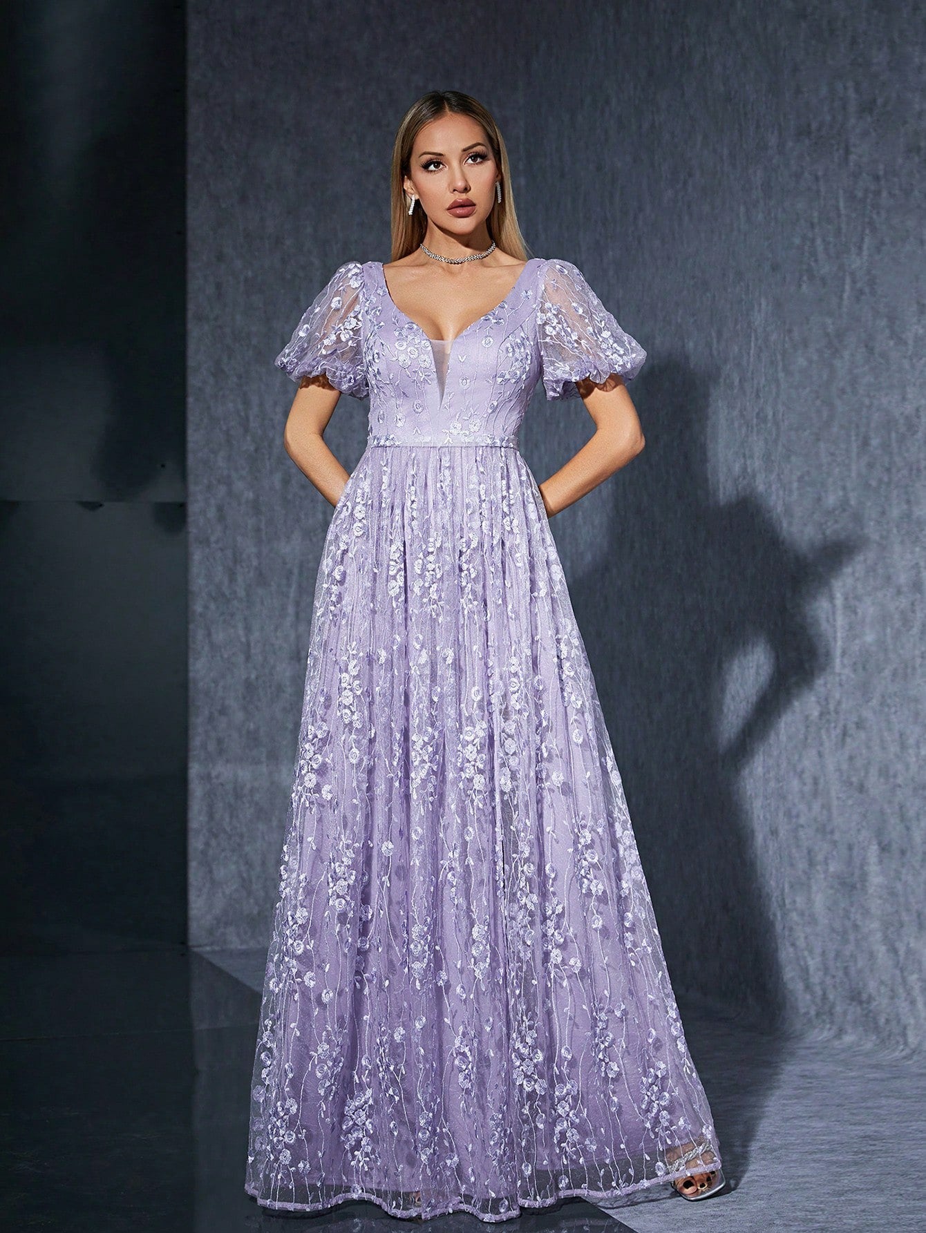 Floral Embroidered V-Neck Puff Sleeve High Split A-Line Maxi Dress