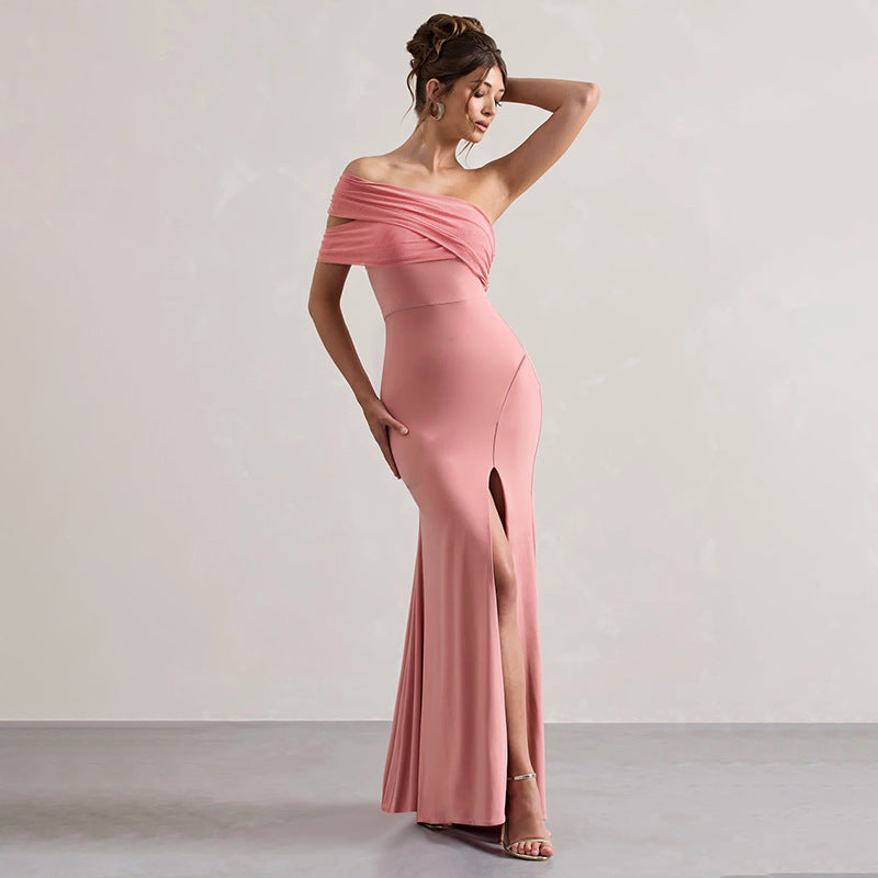 Ruched Mesh Off Shoulder High Split Bodycon Mermaid Maxi Dress 2