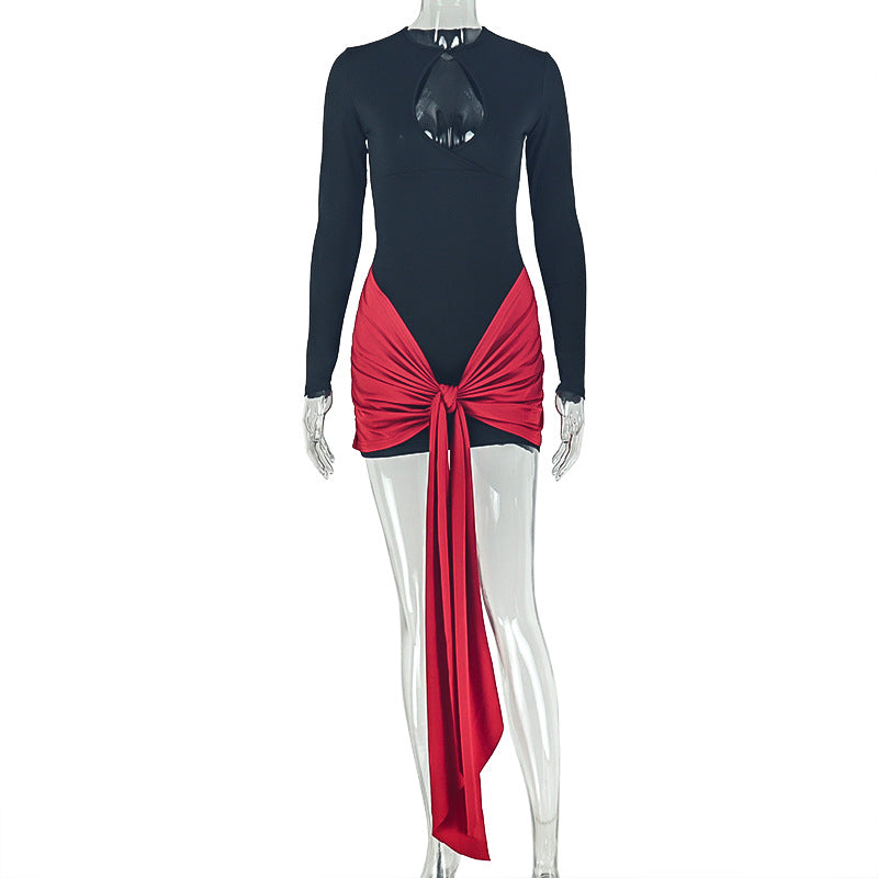 Keyhole Cut Out Mock Neck Long Sleeve Contrast Tie Wrap Bodycon Mini Dress 2