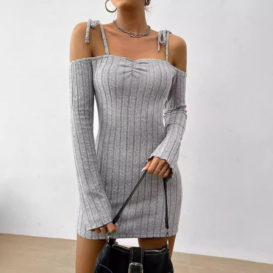 Ribbed Knit Cold Shoulder Tie Strap Long Sleeve Bodycon Mini Dress 3