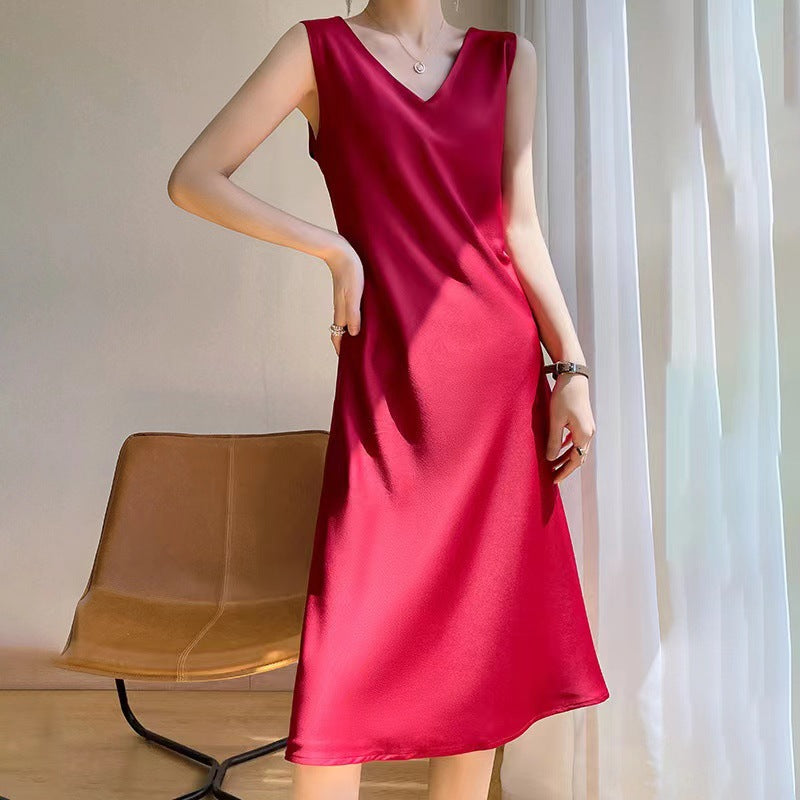 Satin V-Neck Sleeveless Wide Strap A-Line Midi Dress 7