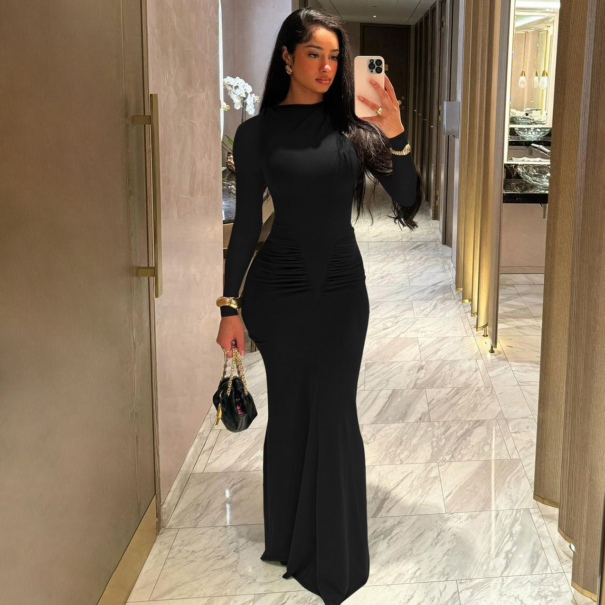 Crew Neck Long Sleeve Ruched Waist Bodycon Mermaid Maxi Dress 4