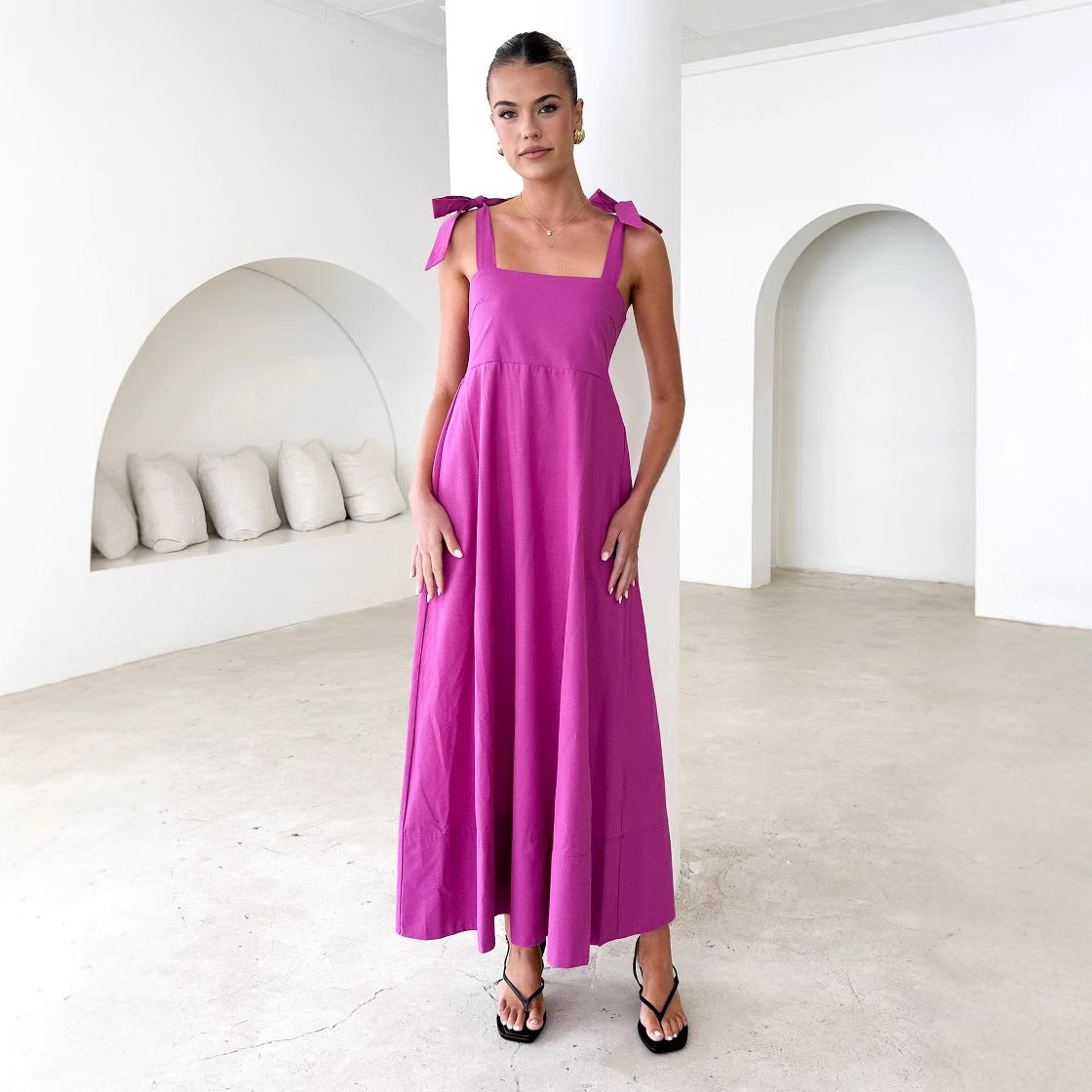 Square Neck Bow Tie Strap Sleeveless A-Line Maxi Dress