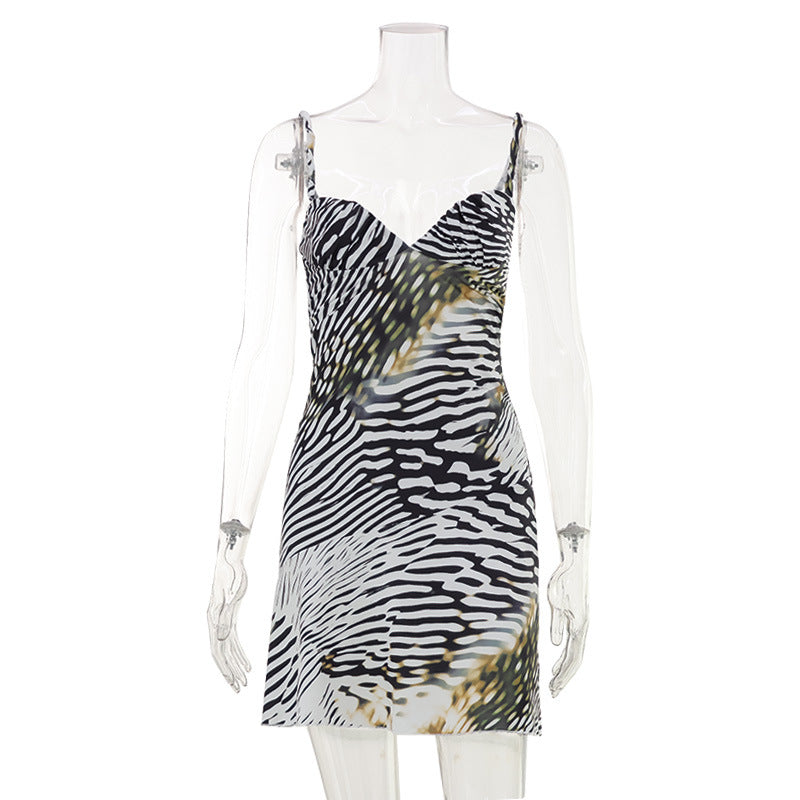 Zebra Print Plunge V-Neck Spaghetti Strap Flared Hem Mini Dress 3