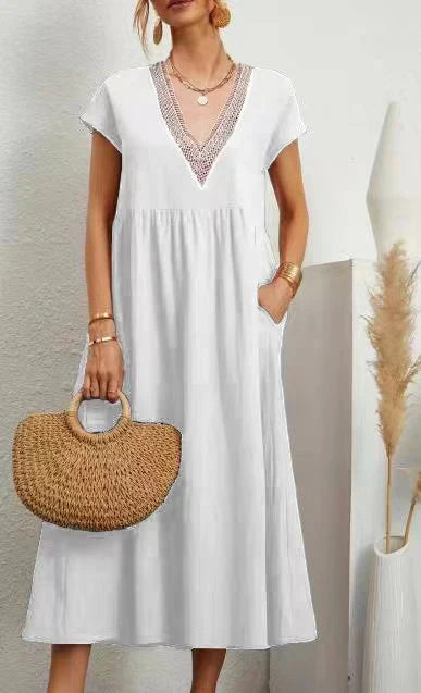 Lace Trim Border V-Neck Cap Sleeve Empire Waist Pocket Midi Dress