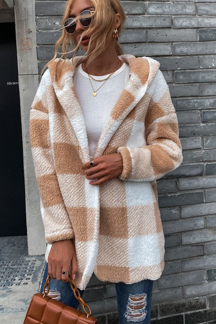 Double-sided Lamb Loose Hooded Plaid Cardigan Jacket