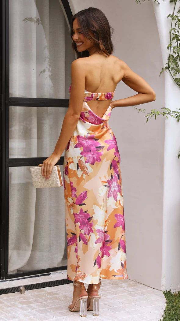Satin Strapless Cowl Back Ruched Back Strap Maxi Dress
