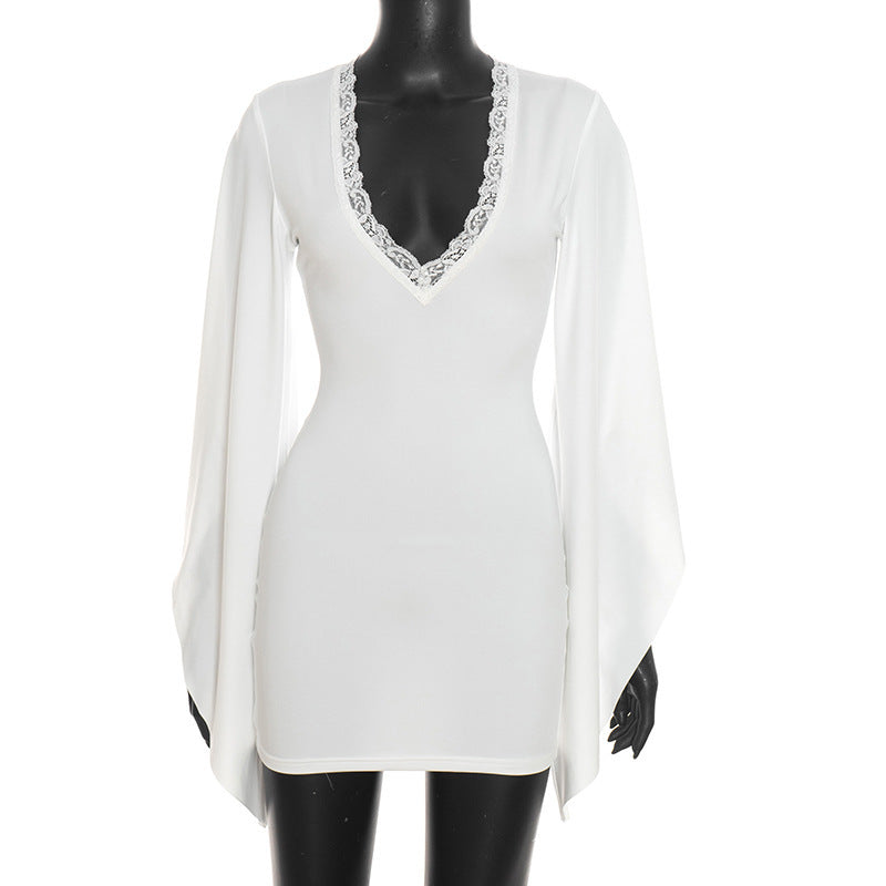 Lace Trim Deep V-Neck Flared Cape Sleeve Bodycon Mini Dress 5