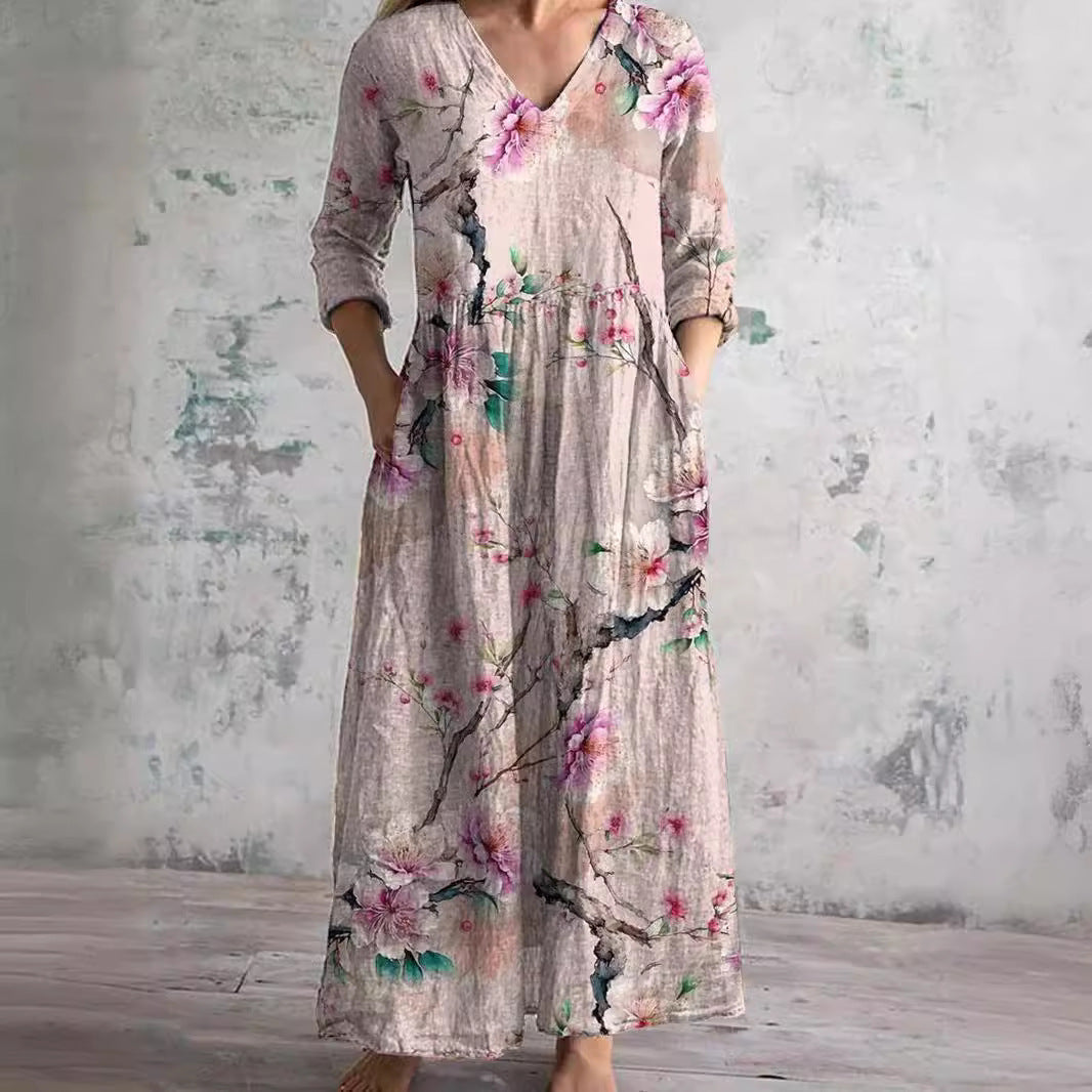 Floral Print V-Neck Long Sleeve Tiered Maxi Dress 3