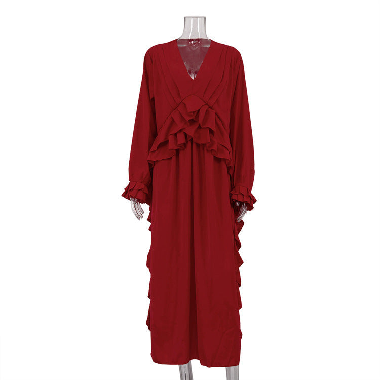 French Design Ruffled Long Sleeve Dress Red V neck Casual Dress