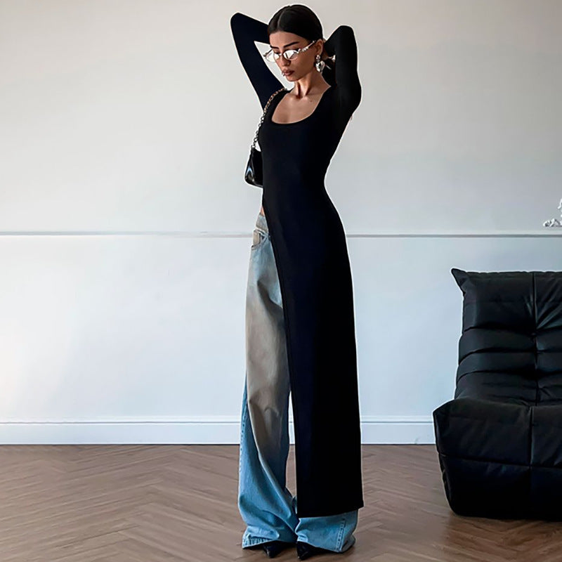 Knit Square Neck Long Sleeve Cut Out Asymmetric Maxi Dress