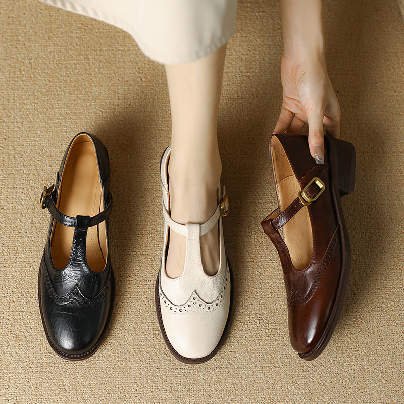 Round Toe T-Strap Buckle Block Heel Mary Jane Pumps