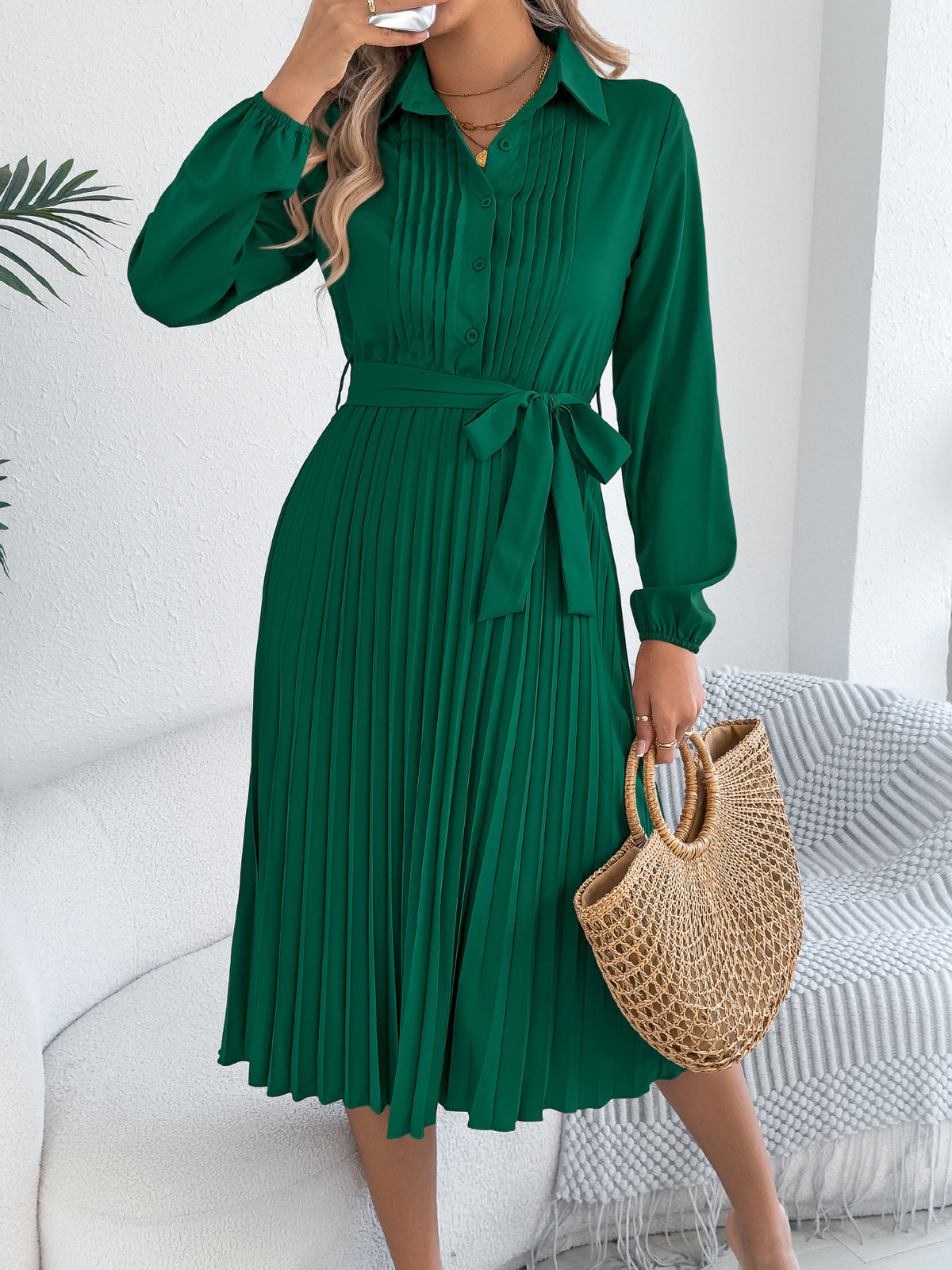 Collared Long Sleeve Pintuck Button Front Belted Pleated Midi Dress 3