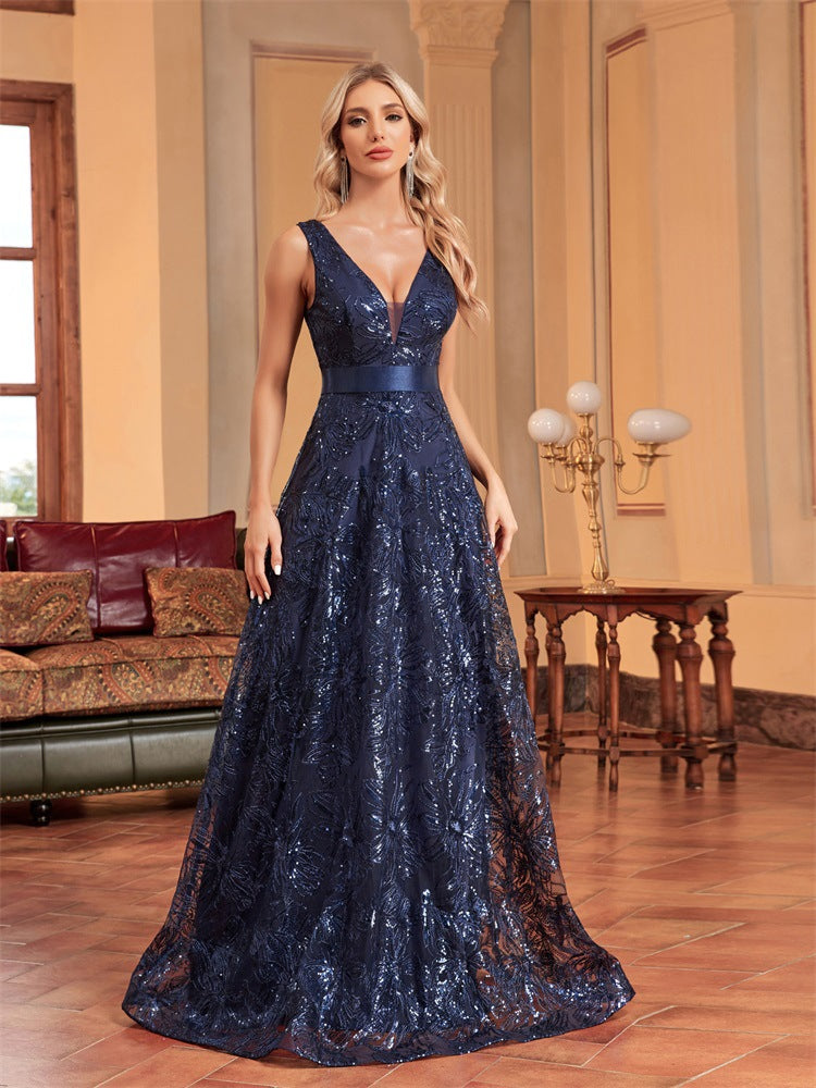 Sequin Deep V-Neck Sleeveless A-Line Maxi Prom Gown