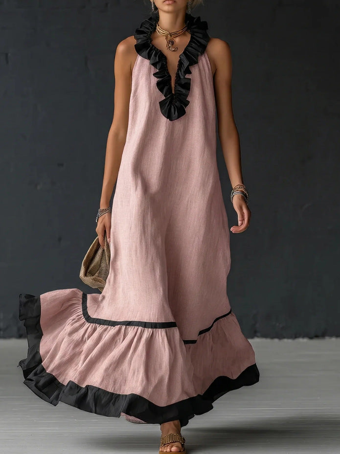 Sleeveless Ruffle Trim Tiered Linen Maxi Dress 7