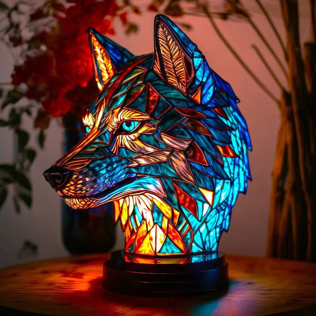 Stained Glass Wolf Head Table Lamp