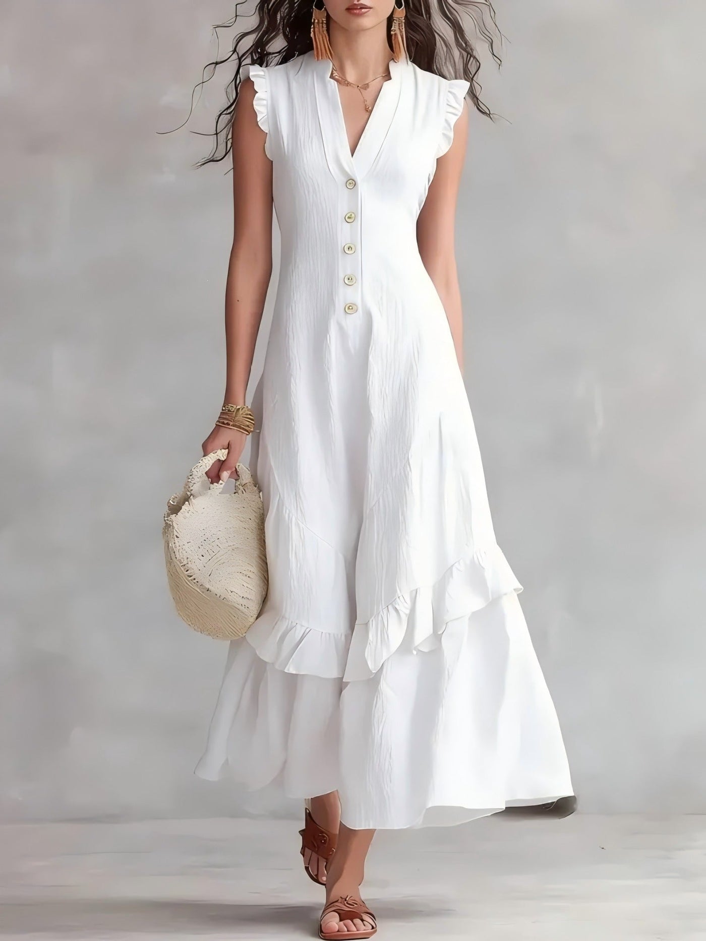 V-Neck Ruffle Sleeve Button Front Tiered Maxi Dress 9