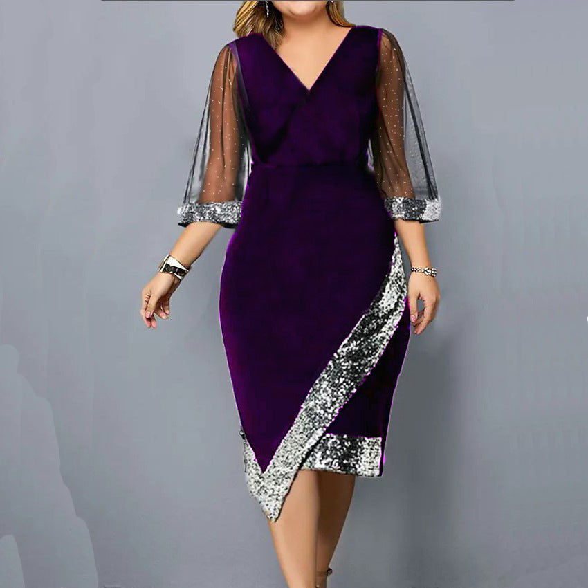 Velvet Sequin V-Neck Mesh Sleeve Bodycon Midi Dress 6