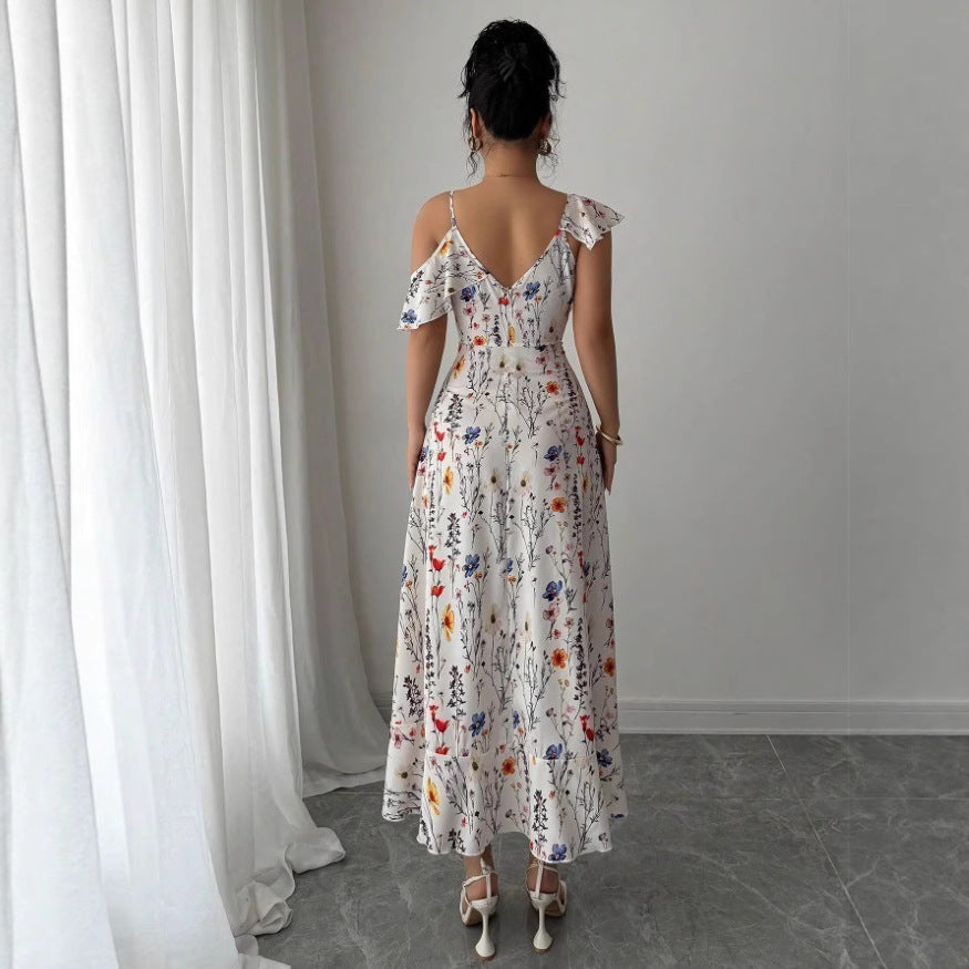 Floral Print Cold Shoulder Ruffle V-Neck Asymmetric Hem Midi Dress 2