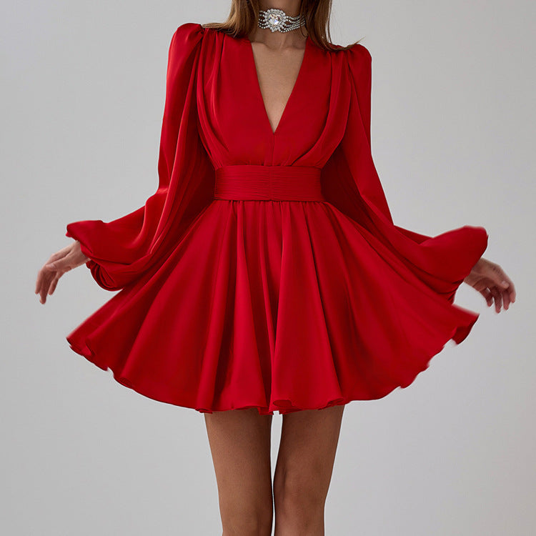 Ruched Puff Sleeve V Neck Waist Belt Satin A Line Mini Dress - View 2