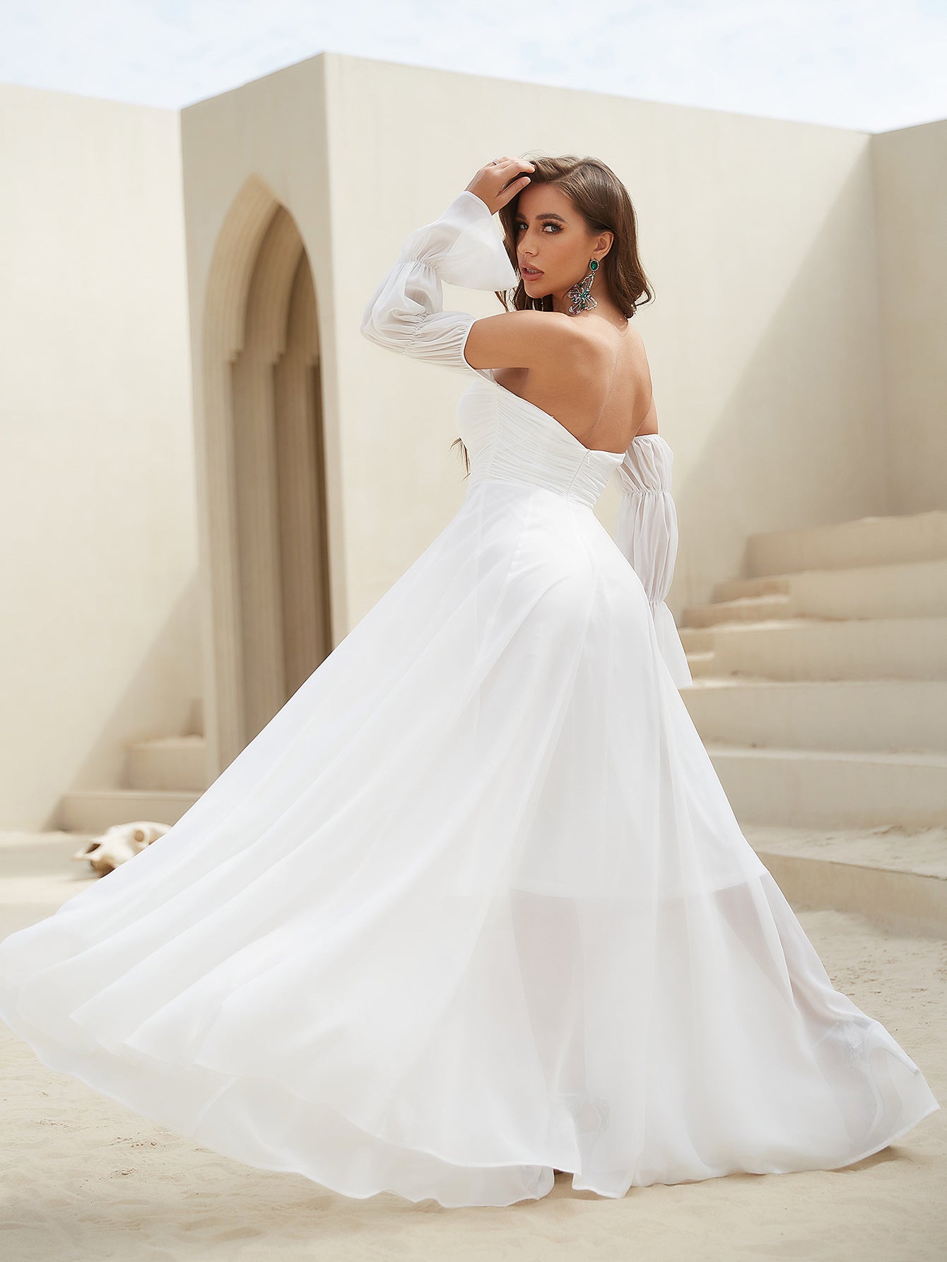 Off Shoulder Sweetheart Ruched Bodice Long Puff Sleeve Chiffon Flowy Maxi Gown