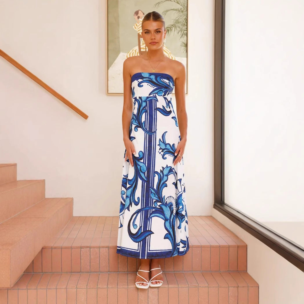 Baroque Scroll Print Strapless A-Line Maxi Dress