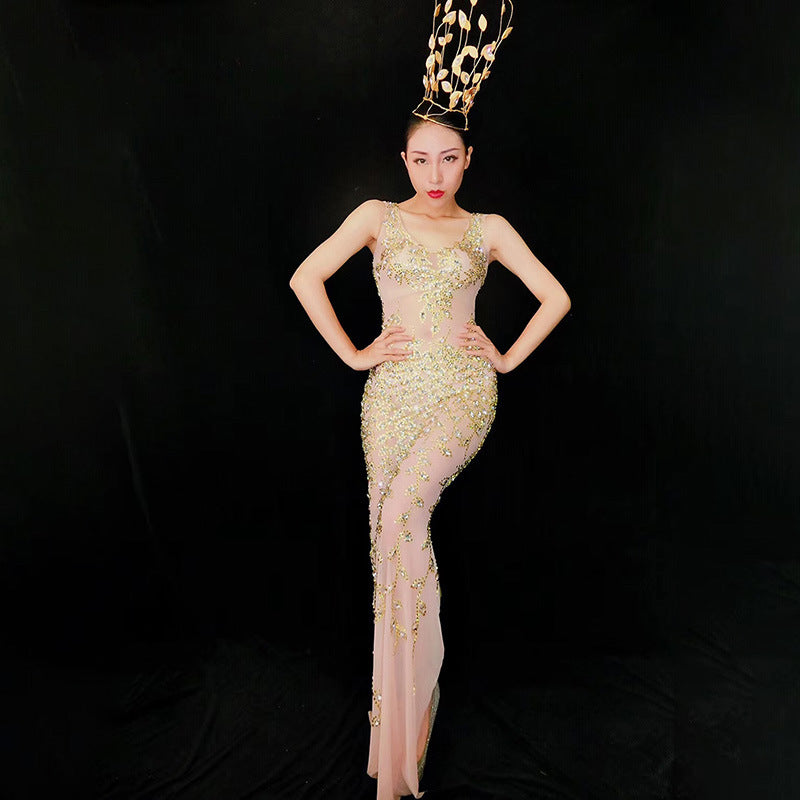 Sequin Beaded Crew Neck Sleeveless Mermaid Maxi Gown