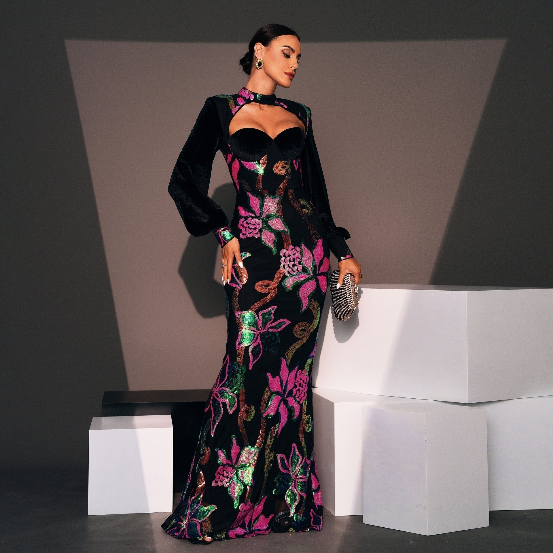 Velvet Sequin Floral High Neck Long Sleeve Cut Out Mermaid Dress