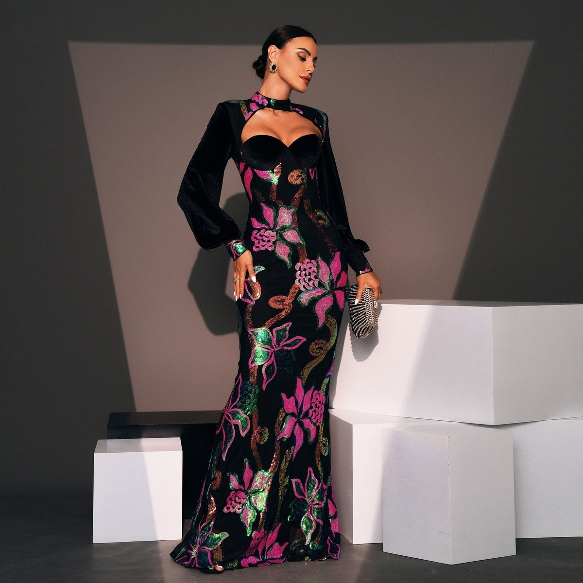 Velvet Sequin Floral High Neck Long Sleeve Cut Out Mermaid Dress - View 2