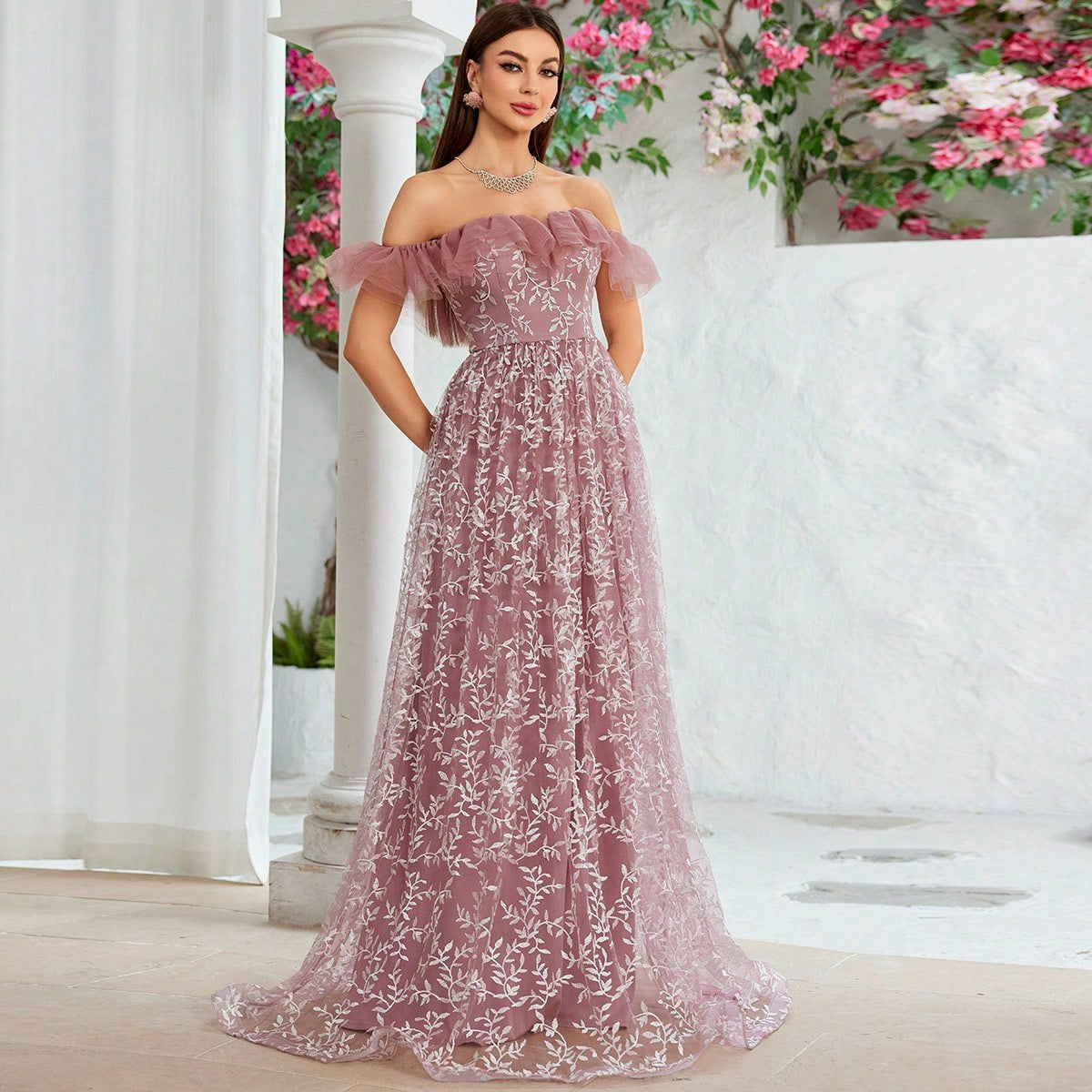 Embroidered Tulle Off Shoulder Ruffle A-Line Maxi Gown