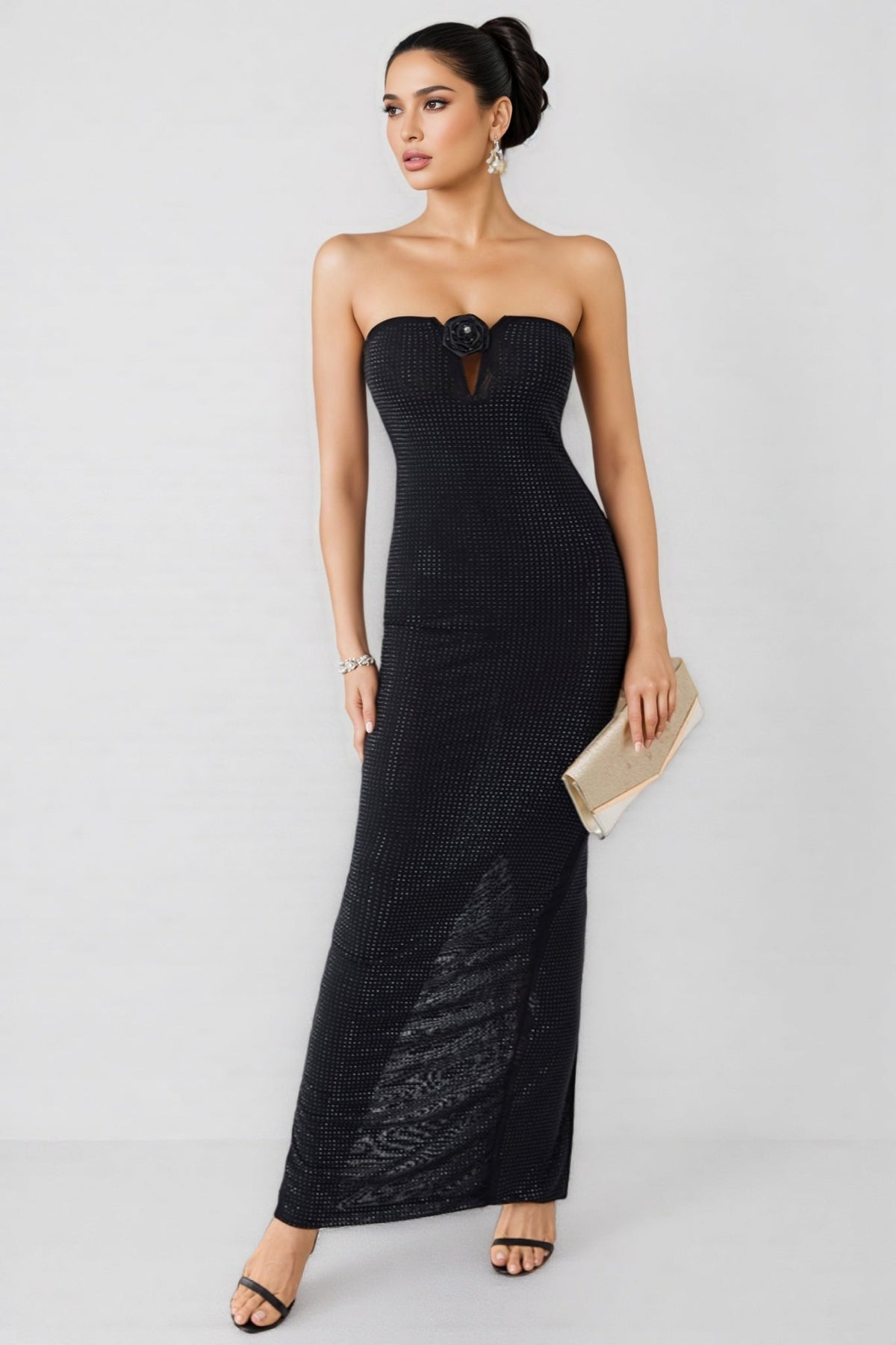 Strapless Rhinestone Studded Rosette Notch Neck Bodycon Maxi Dress