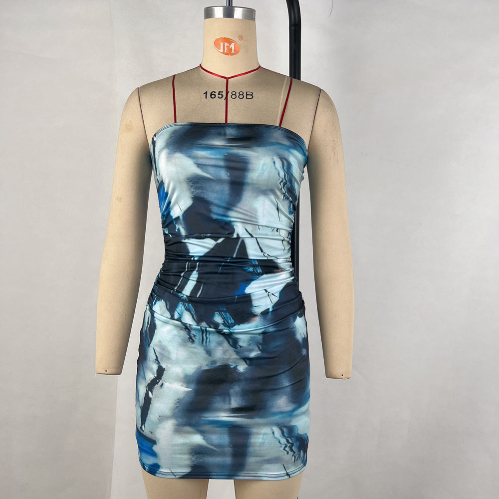 Abstract Print Strapless Tube Ruched Bodycon Mini Dress 2