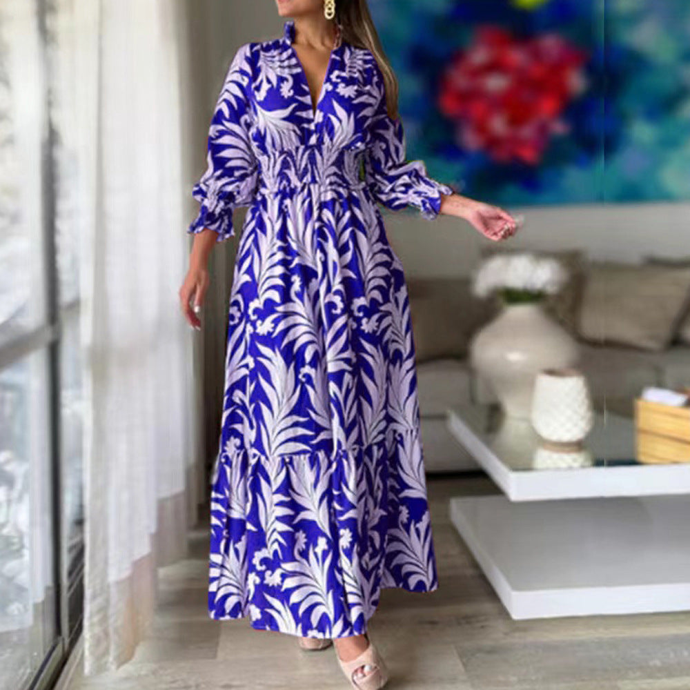 Leaf Print V-Neck Puff Sleeve Smocked Waist Tiered Maxi Dress 8