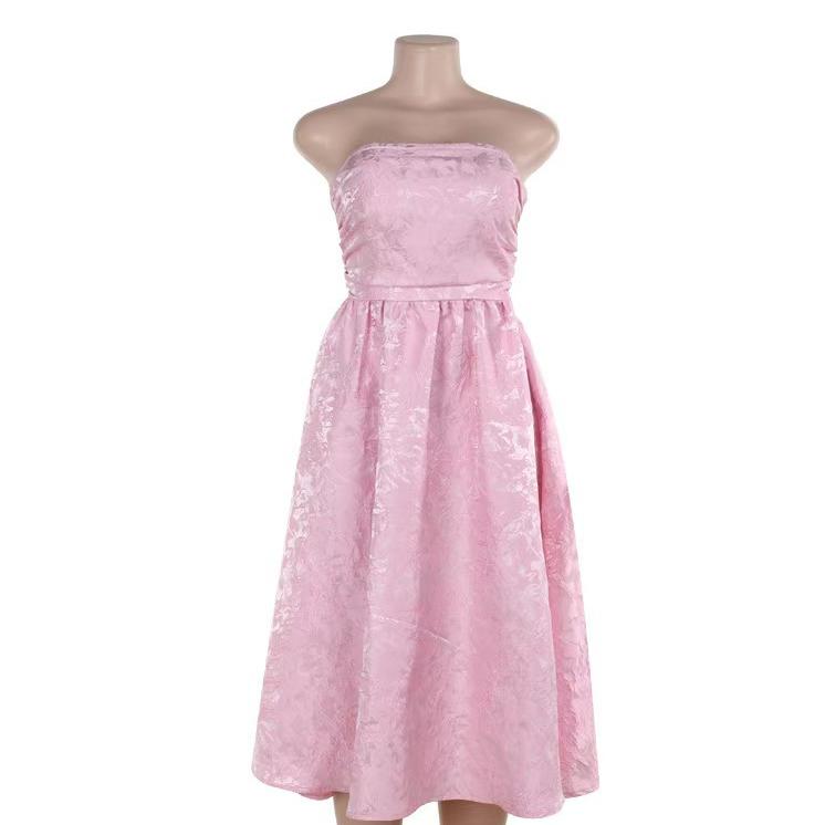 Jacquard Strapless Ruched Waist Fit and Flare Midi Dress