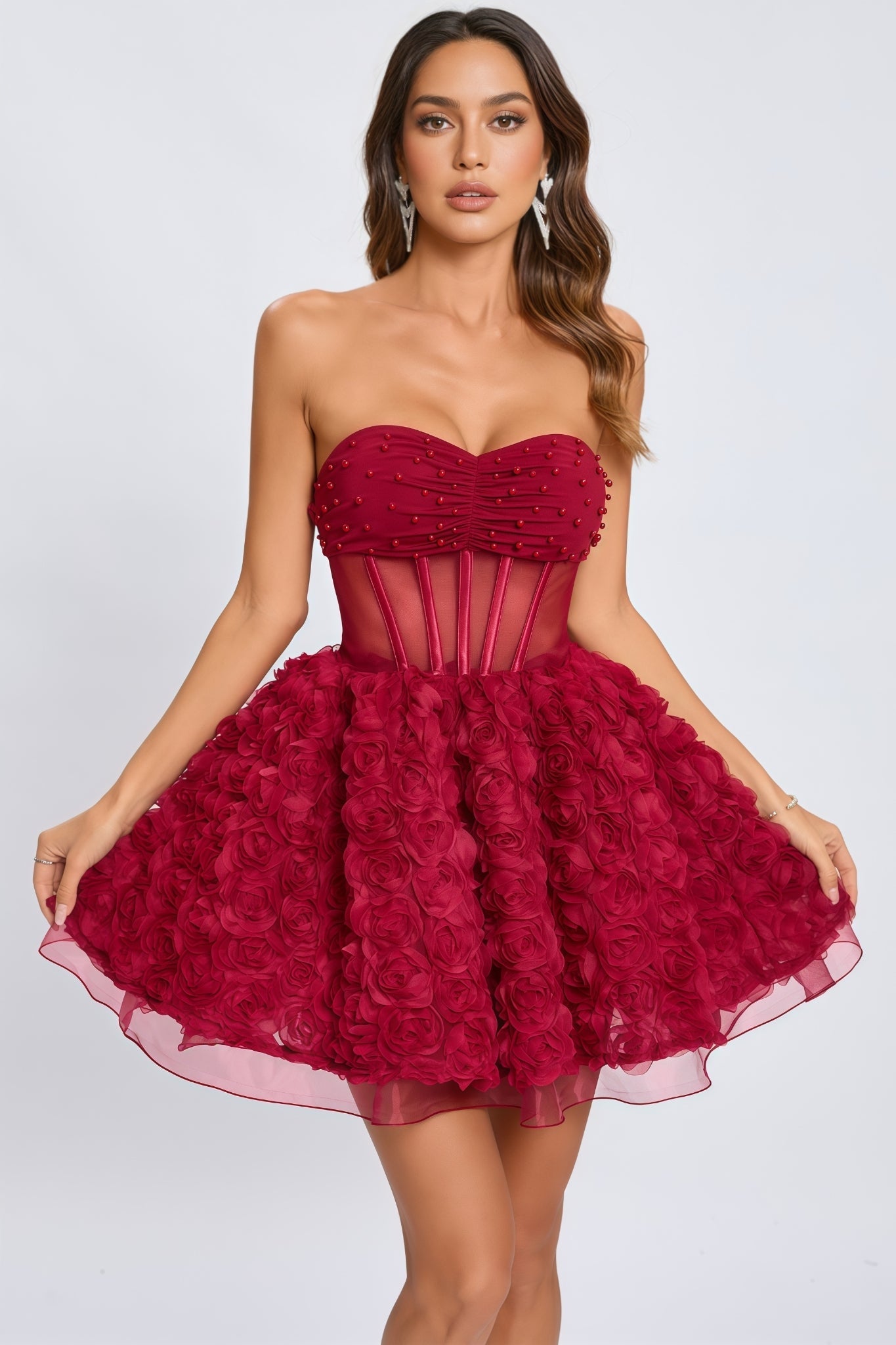 Beaded Strapless Corset 3D Rose Tulle Mini Dress