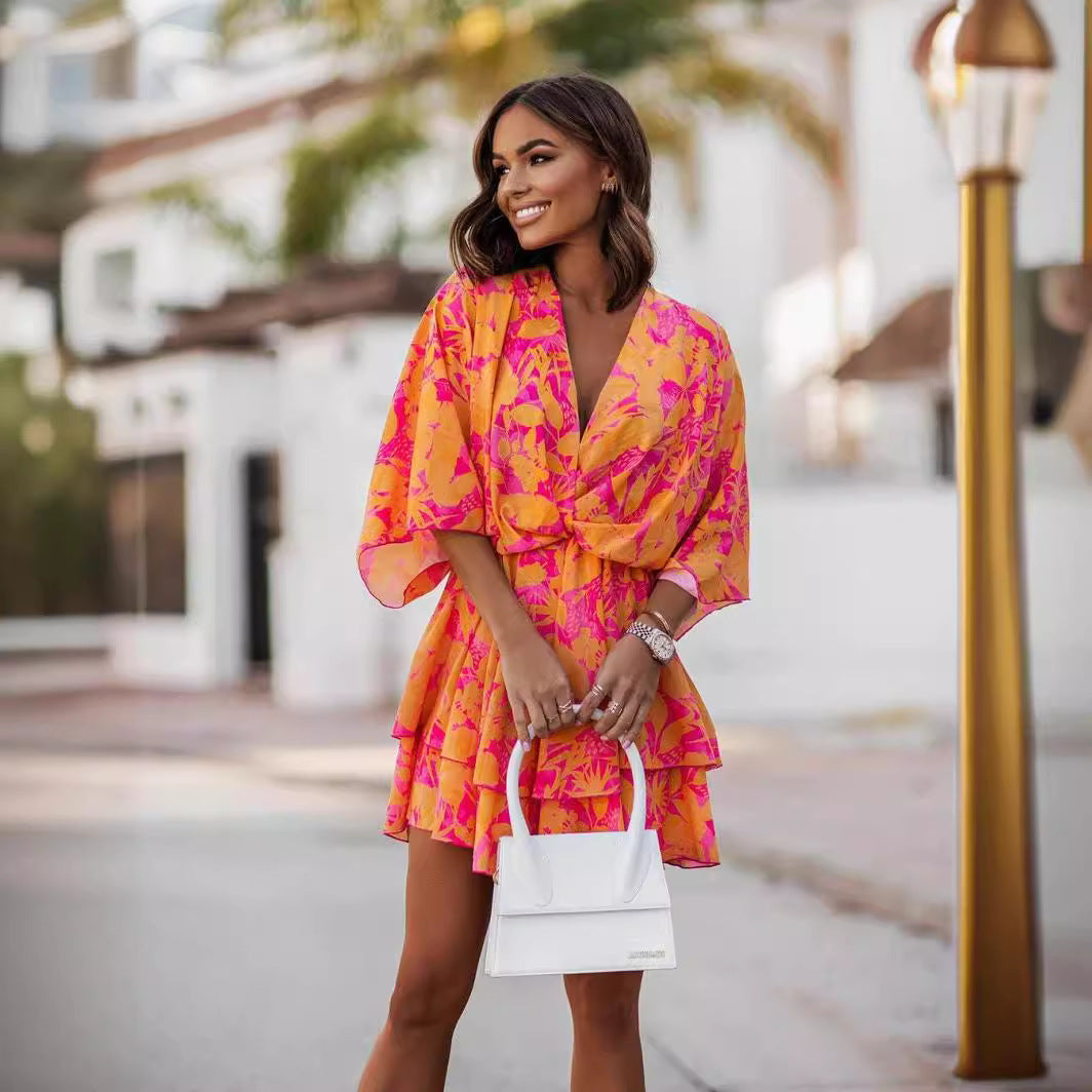 Floral Print Wrap V-Neck Batwing Sleeve Tiered Ruffle Mini Dress 4