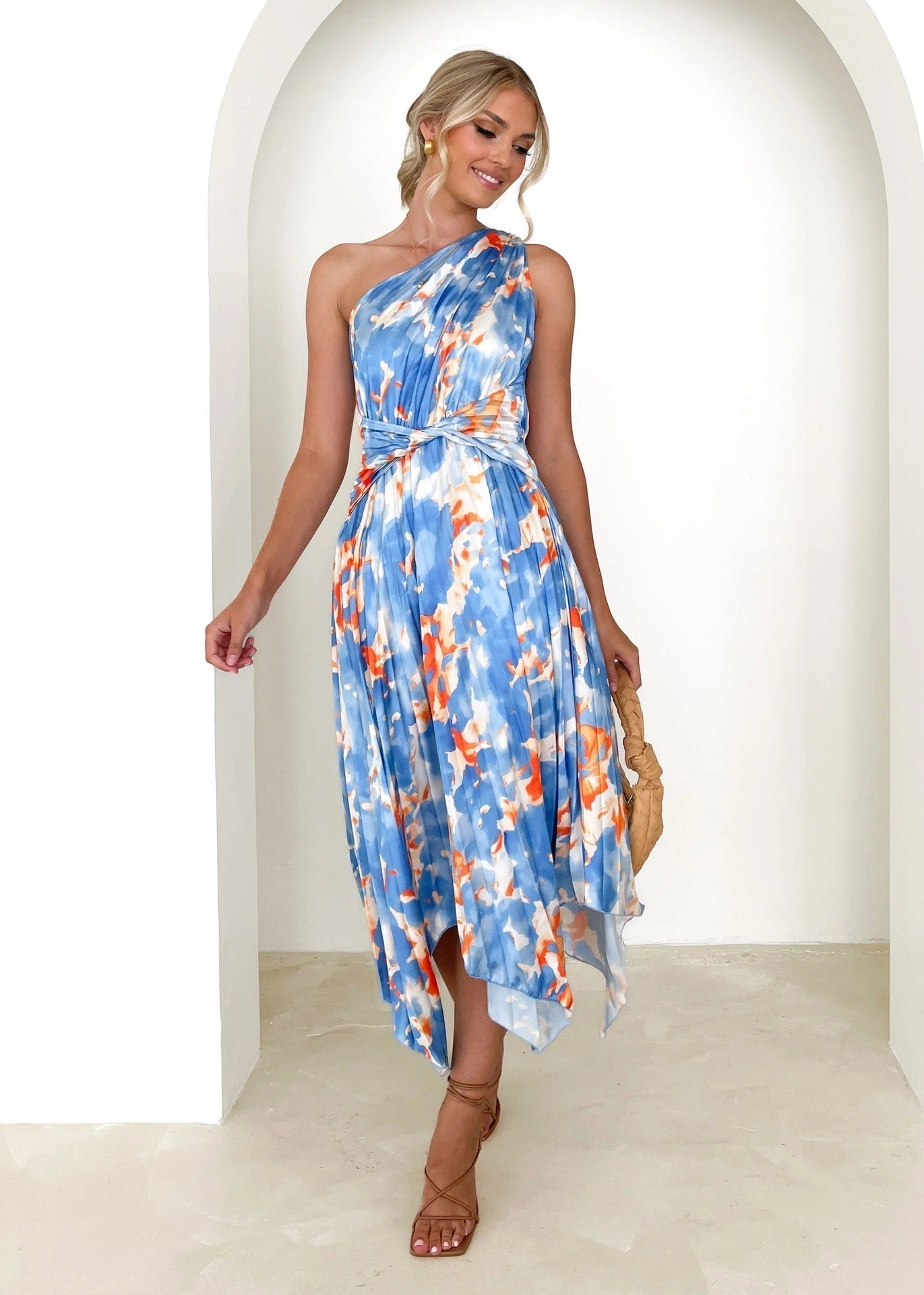 Floral One Shoulder Belted Handkerchief Hem Pleated Midi Dress