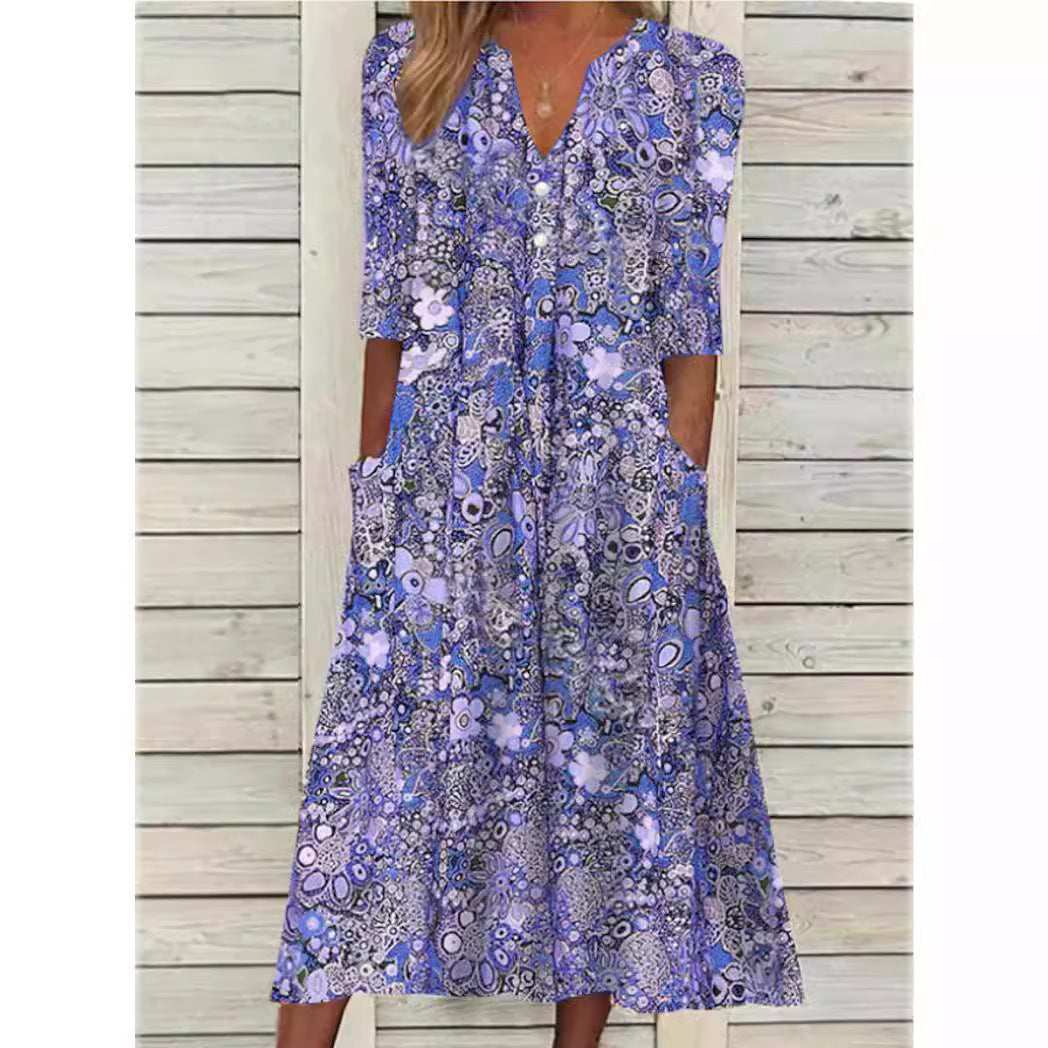 Bohemian Floral Print Deep V-Neck Button Placket Pocket Flowy A-Line Midi Summer Dress