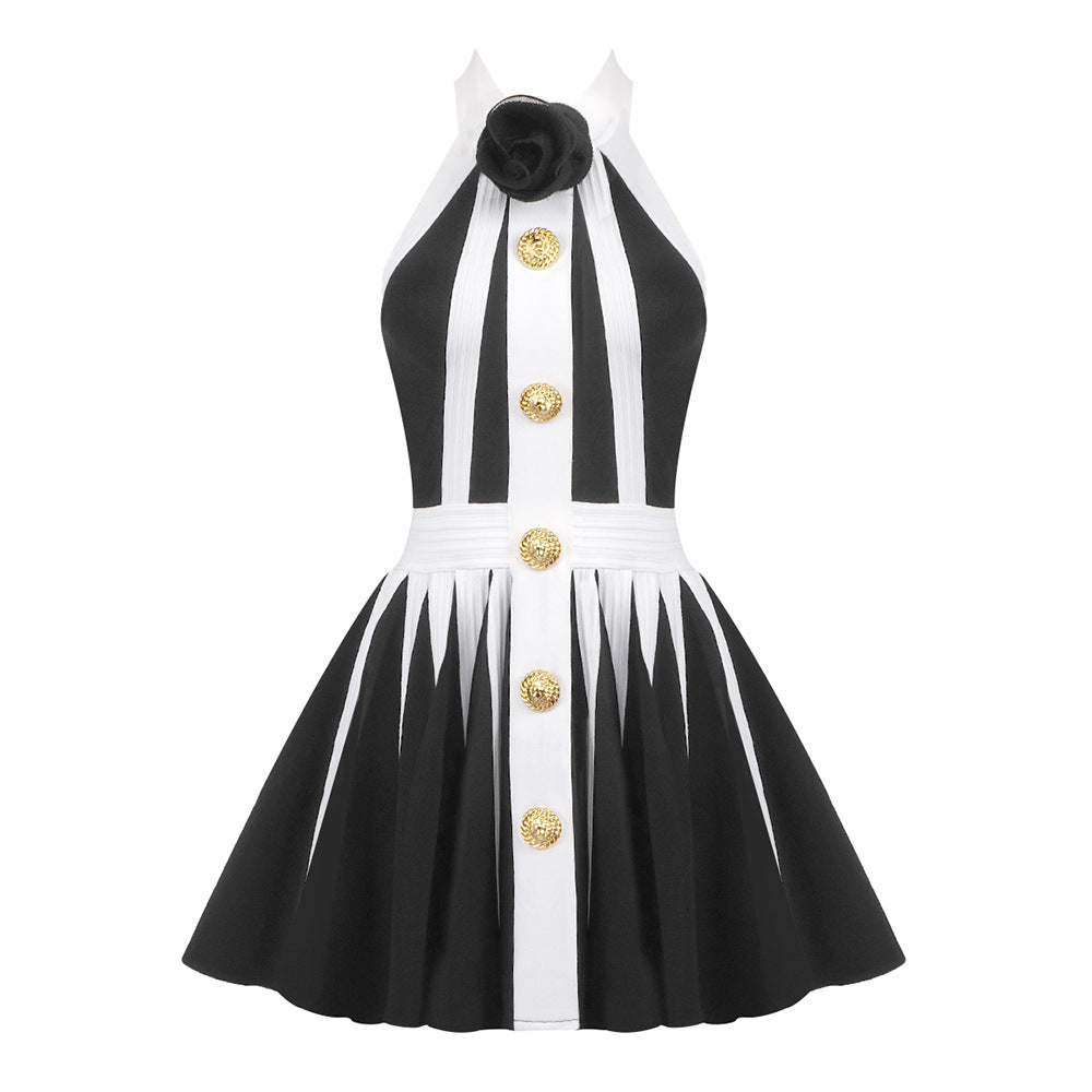 Halter Neck Rosette Button Detail Striped Pleated Mini Dress