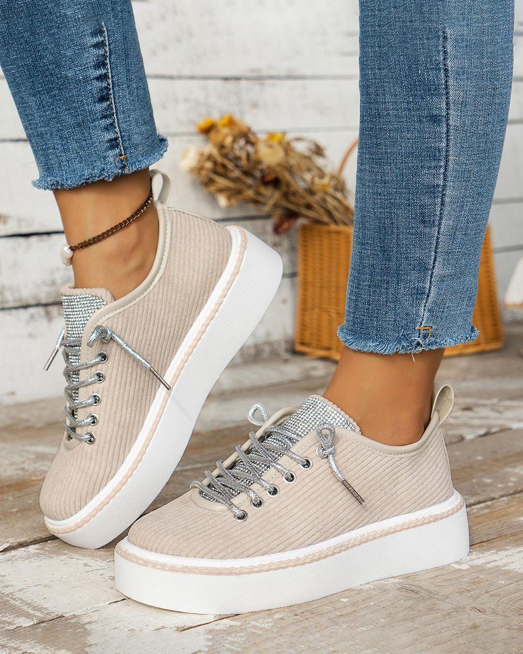 Shimmering Silver Lace-up Tongue Textile Athletic Shoes