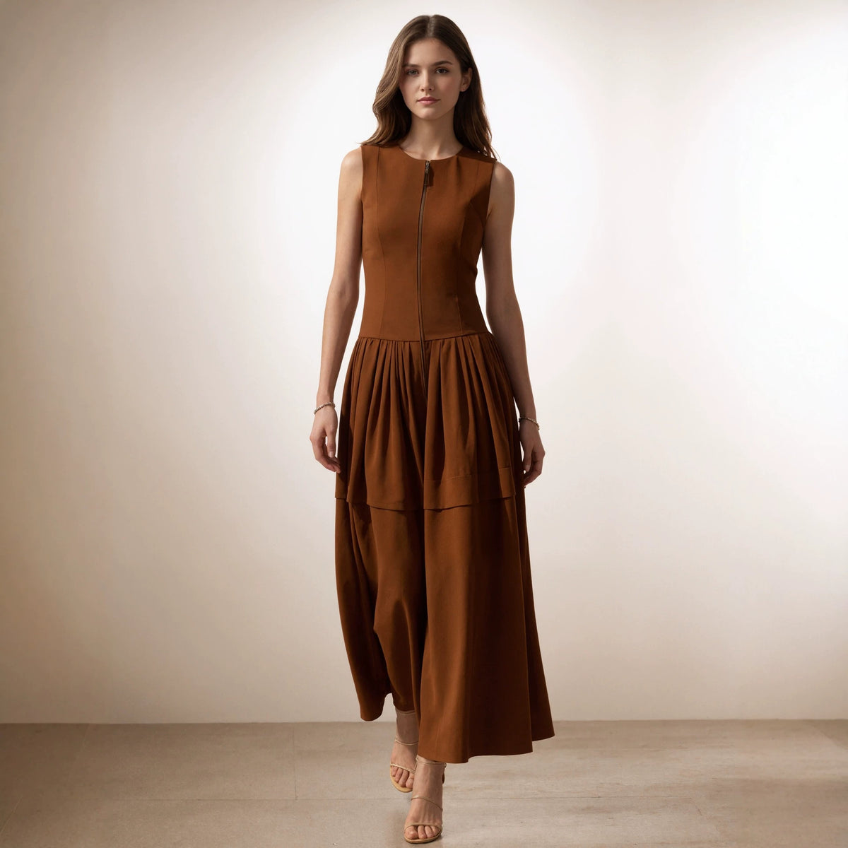 Brown Sleeveless round Neck Front Zipper Design High Waist Big Swing Layered Dress Vacation