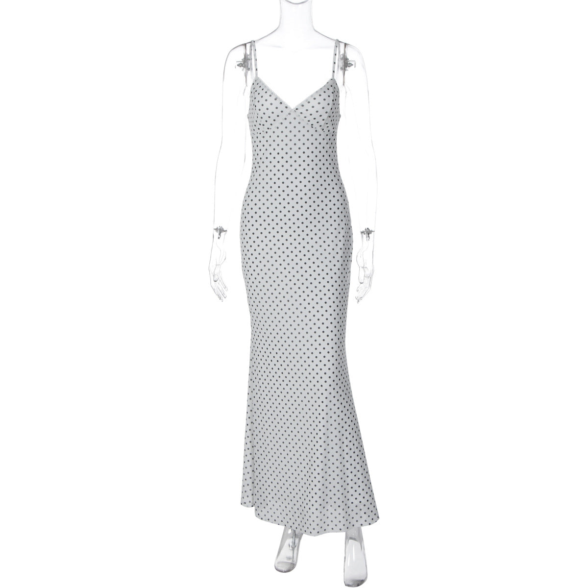 Polka Dot V-Neck Spaghetti Strap Bodycon Maxi Slip Dress 2